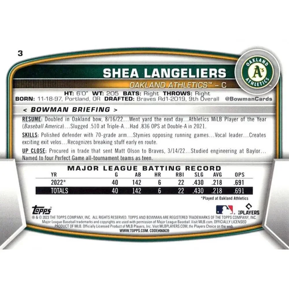 2023 Bowman Shea Langeliers RC #3 Oakland Athletics